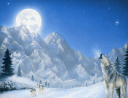 snowy scene background paper with moon rising over mountains, wolf calling to pack
